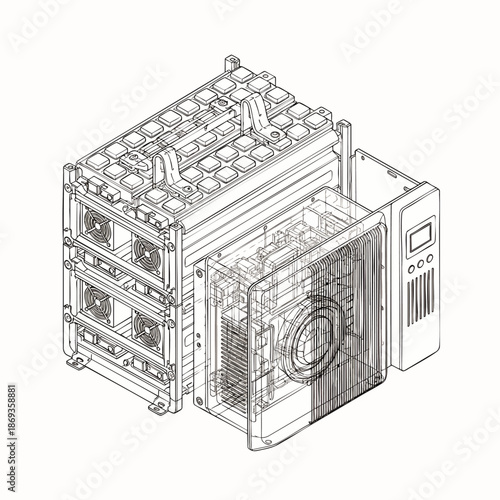 Isometric technical drawing of a modular high-performance computing server unit, showcasing advanced data processing architecture and AI infrastructure design.