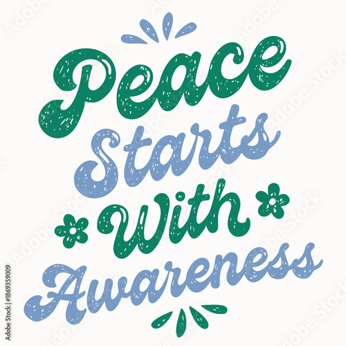 A serene illustration depicting the phrase 'Peace Starts With Awareness' in a calming environment from a straightforward viewpoint