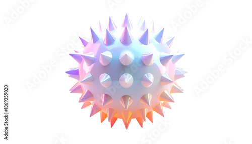 Spherical object, white with pastel colors, covered in sharp spikes