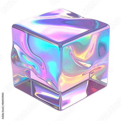 A vibrant, iridescent, cube-shaped object floating against a black background