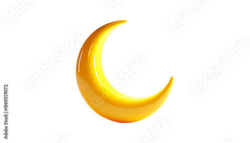 A glossy, golden crescent moon against a stark black background