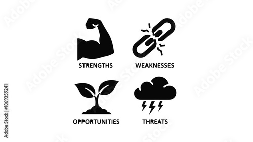 SWOT analysis diagram with strengths, weaknesses, opportunities, and threats icons on white background for business strategy and planning