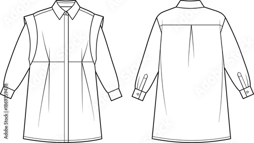 Long sleeve shirt dress technical flat sketch with pointed collar button placket yoke seam front and back view women apparel