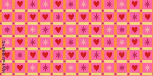 Vector checkered seamless pattern, abstract hand-drawn quirky doodles and geometric shapes with hearts and stars, love and Valentine's day wallpaper 
