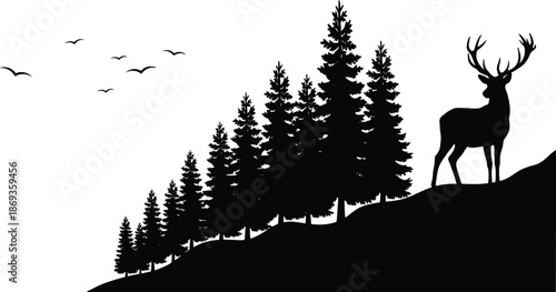 Silhouette scene of a deer standing on a forest hill with evergreen trees and flying birds, symbolizing wildlife nature, outdoors and serenity.