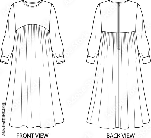 Long sleeve pleated midi dress technical flat sketch with empire waist back zipper round neckline women apparel front and back view