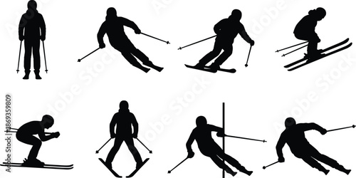 Skier silhouette vector collection featuring downhill skiing, slalom racing and winter sports action for athletic graphics, travel design and creative projects