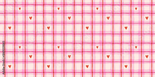 Vector checkered seamless pattern, abstract hand-drawn quirky doodles and geometric shapes with hearts, love and Valentine's day wallpaper decorative wrapping paper 