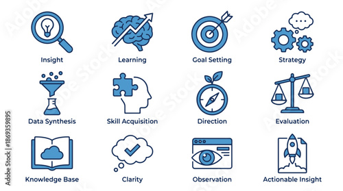 Set of 12 Blue Business and Learning Line Icons Vector