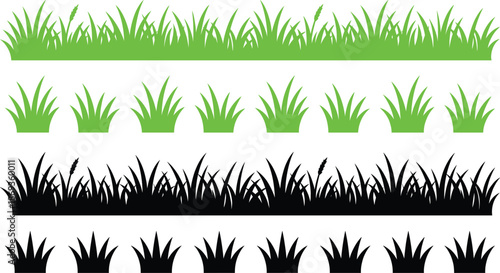 Vector grass silhouettes and lawn borders set in green and black, isolated botanical elements for landscaping decoration, nature design assets