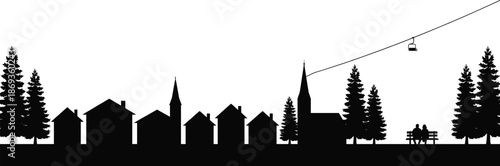 Village silhouette scene with forest trees, church and cable car line, vector landscape illustration for travel graphics, outdoor design and creative projects