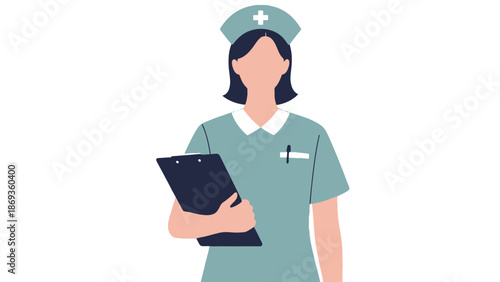 Professional female nurse character holding a medical clipboard for clinical staff administration and hospital business management services for modern healthcare enterprise.