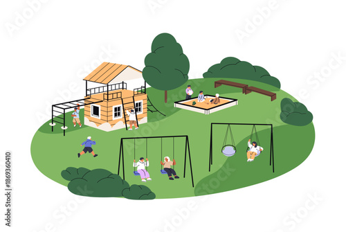 Happy children play games on playground. Kids have fun outdoors on slide, rope swing, sandbox, monkey bars. Boys and girls are on school ground. Flat isolated vector illustration on white background