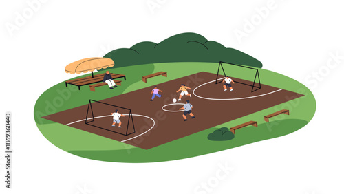 Team of little boys play football, soccer on filed on school ground. Children are on playground. Kids have fun with ball in park, outdoors. Flat isolated vector illustration on white background