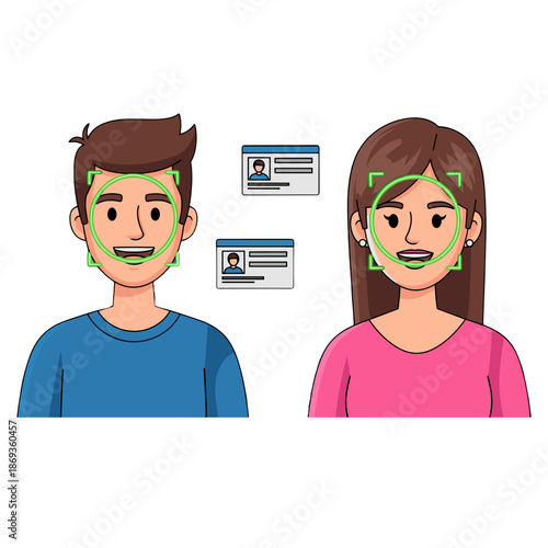 Illustration of a man and woman with facial recognition technology identifying their faces for ID verification.