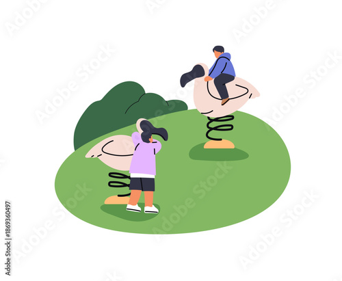 Happy kids play on playground. Children ride on spring rider or rocker in park. Friends have fun on school ground, spend time together outdoors. Flat isolated vector illustration on white background