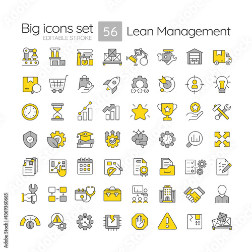 Lean management line color icons set. Industrial processes, business management. Production organization, Supply chain. Vector illustrations. Simple flat colorful symbols collection. Editable stroke