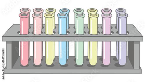 Professional laboratory test tube rack with colorful specimen tubes for clinical pharmaceutical research and development in science-based business facilities and biotech.