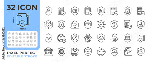 Protection pixel perfect line icons set. Data protection, personal privacy. Insurance policies. Cyber security. Isolated vector outline illustrations. Thin lineart iconset symbols. Editable stroke