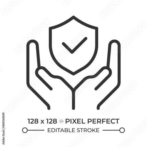 Personal safety pixel perfect line icon. Hands with a verified shield. Quality control, security regulation. Isolated vector illustration. Outline symbol. Simple linear drawing. Editable stroke