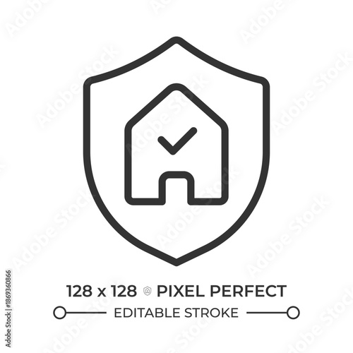 Home safety pixel perfect line icon. Household insurance, service verification. Real estate, security system. Isolated vector illustration. Outline symbol. Simple linear drawing. Editable stroke