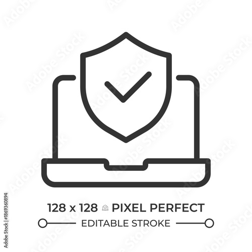 Online safety pixel perfect line icon. System security, protected computer. It services, antivirus software. Isolated vector illustration. Outline symbol. Simple linear drawing. Editable stroke