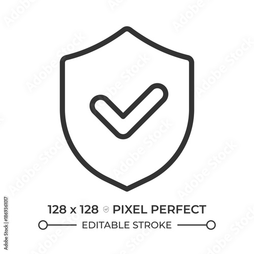 Security compliance pixel perfect line icon. Shield with a approved mark. Verified approval, antivirus protection. Isolated vector illustration. Outline symbol. Simple linear drawing. Editable stroke