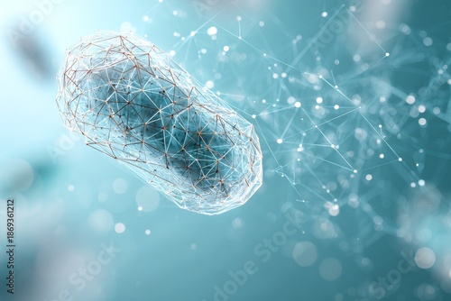 Abstract 3d illustration of a medicine capsule formed by a glowing digital polygonal mesh representing smart pharmaceuticals and future biotechnology on a blurred turquoise background