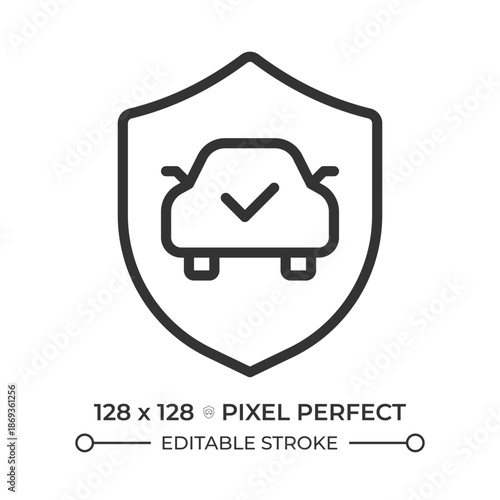 Car insurance pixel perfect line icon. Auto security, vehicle protection. Safety inspection. Check mark. Isolated vector illustration. Outline symbol. Simple linear drawing. Editable stroke