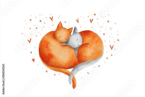 Whimsical watercolor-style illustration of orange and grey cat curled together in a heart shape, surrounded by stars and hearts on a white background. Companionship and affection for Valentine's Day