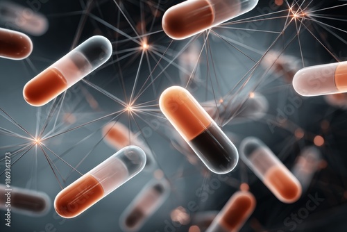 Digital abstract artwork featuring multiple floating pharmaceutical capsules connected by glowing lines, forming a neural network-like structure. Smart medicine, and advanced biotechnology
