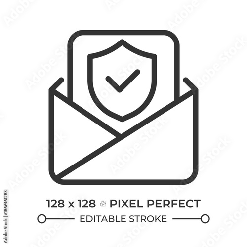 Email security pixel perfect line icon. Secure message, encrypted communication. Security check. Isolated vector illustration. Outline symbol. Simple linear drawing. Editable stroke
