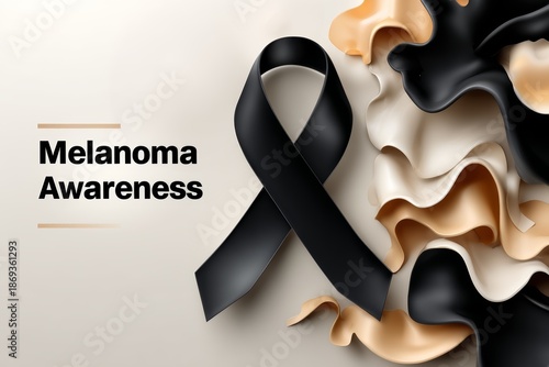 A minimalist illustration for Melanoma Awareness Month featuring a central black ribbon. The importance of skin health and early detection