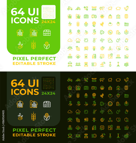 Farming colorful line ui icons set for light and dark mode. Environment preservation, livestock animals. Farming equipment. Ecofriendly technologies colorful line ui icons set for light and dark mode