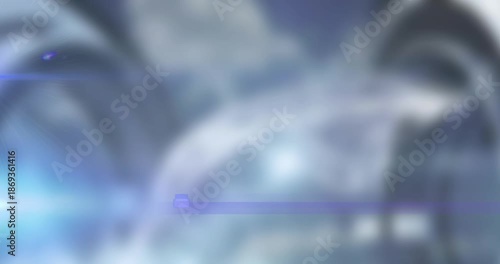 Animation of blue light moving over feet of caucasian woman in face mask showing covid shoe