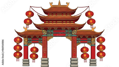 Elegant Chinese New Year gate vector design, pagoda roof, stacked red lanterns