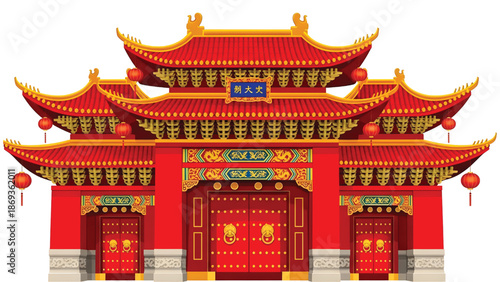 Classic Chinese gate with gold and bright red ornaments