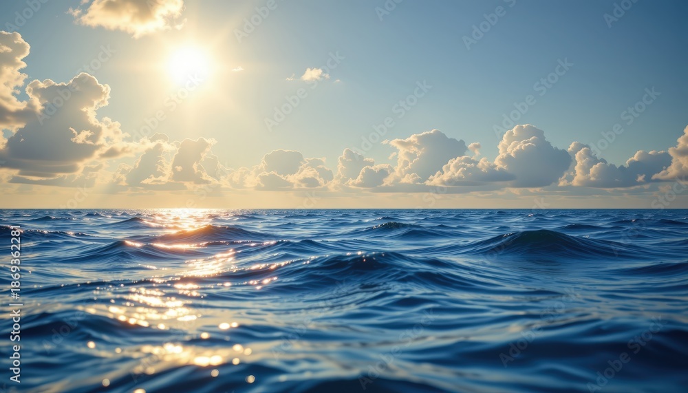 Obraz premium A 16:9 conceptual water conservation image with a wide horizon where flowing water reflects clouds a