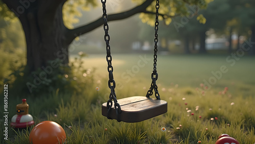Swing set in a tranquil park setting