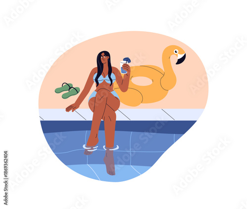 Happy girl sits poolside, holds refreshing drink in hand. Young woman is sunbathing near swimming pool. Relaxing at water in summer vacations, holidays. Flat isolated vector illustration on white