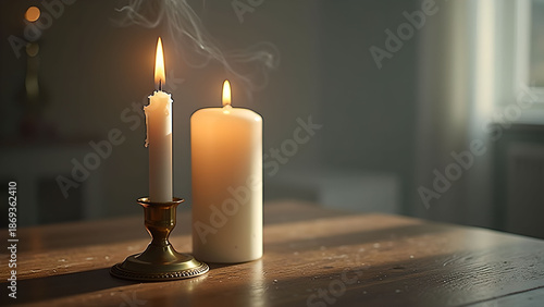 Candlelight Still Life: Two Candles on Table
