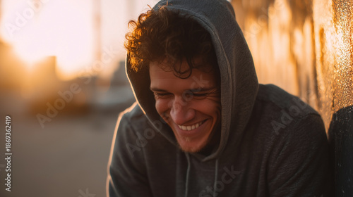 A man wearing a hoodie is smiling