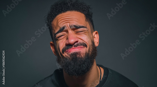 A man with a beard and a mustache is crying