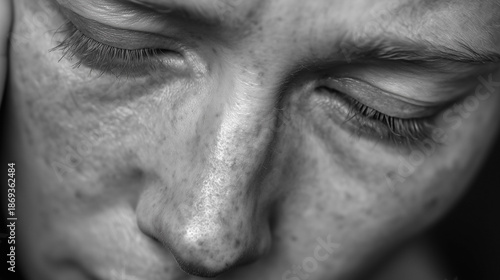 A woman with a black and white photo of her face