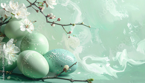 Easter eggs on mint green coloured designed background, Easter theme wallpaper.