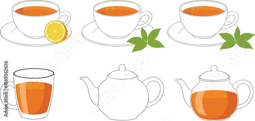 Tea cups, lemon tea, herbal tea leaves, glass mug and teapot collection, vector warm beverage illustrations set