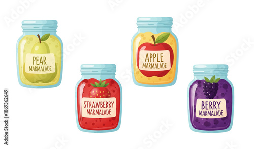 Fruit jam glass jars clipart with strawberry apple and pear marmalade isolated on transparent background