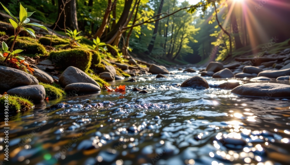 Fototapeta premium A 16:9 nature focused scene showing clear water flowing through a forest stream with sunlight filter