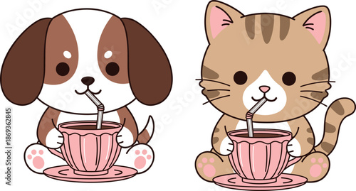 Cartoon dog and cat sipping tea with straws, cute animal illustration, pink teacups, playful vector design