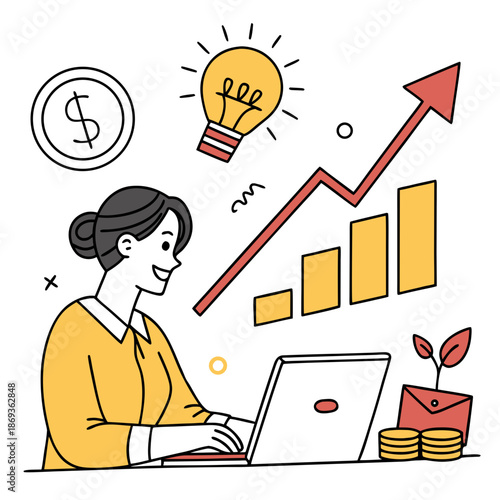 A woman working on a laptop with financial growth chart and lightbulb idea
